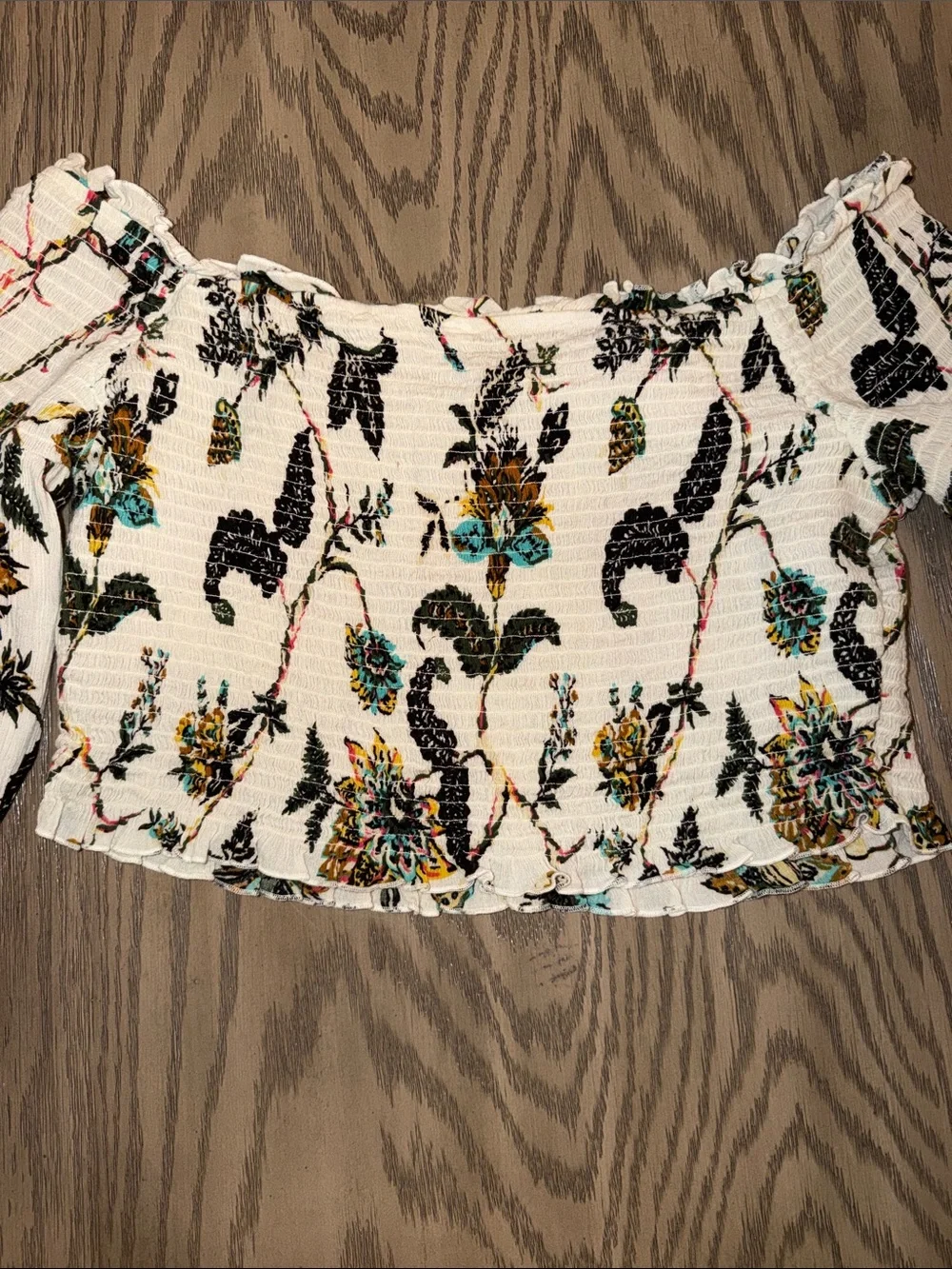 bp Cream Floral Off-Shoulder Smocked Top with Teal & Mustard Accents